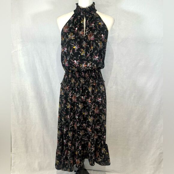 Express high mock neck smocked black ditsy floral midi dress size medium - Picture 4 of 9